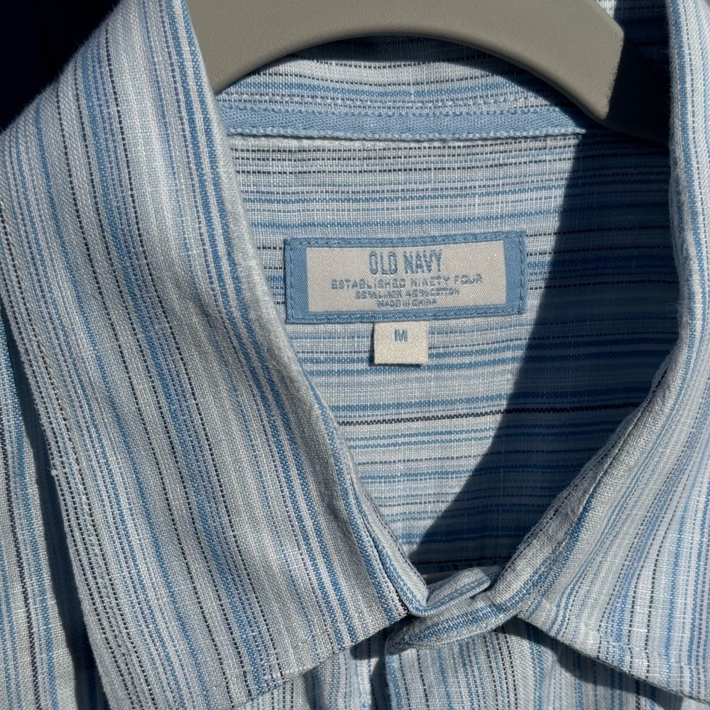 Vintage Old Navy Linen Shirt Men's Medium Button Down Light Blue Striped 2006 - Picture 3 of 8